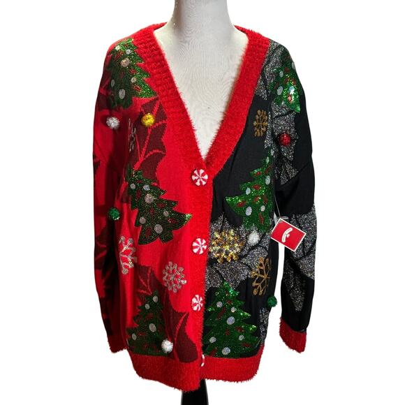 Holiday Time Xmas Cardigan Sweater XL Ugly Christmas Tree Lights Pom NWT - Picture 1 of 7